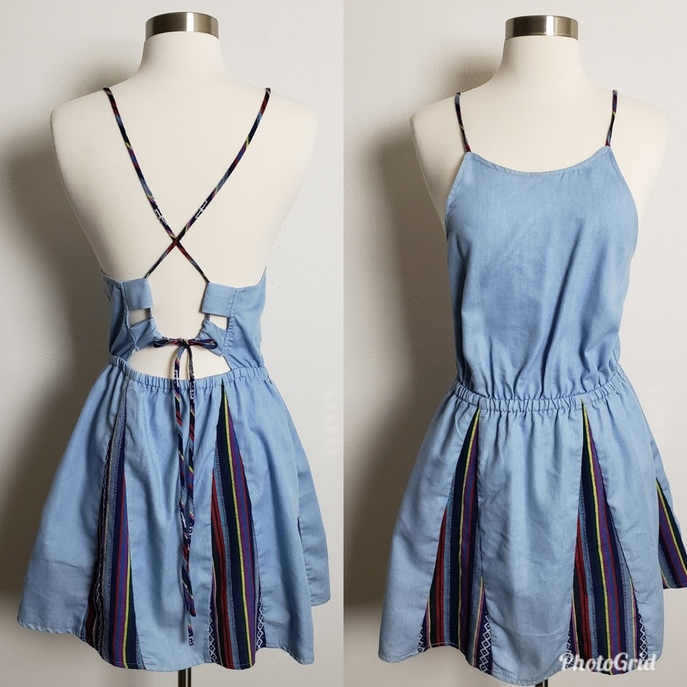 Tobi Light Blue Boho Mini Dress with Multicolor Stripes